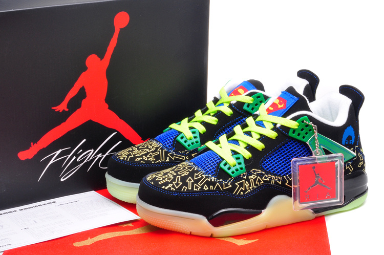 New Midnight Jordan 4 Superman Black Gold Blue Yellow Green Shoes - Click Image to Close