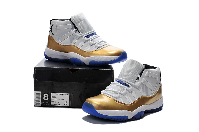 Cheap Real New Air Jordan 11 White Gold Blue Sole Shoes