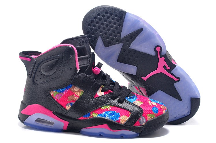 Women Air Jordan 6 GS Black Pink leather Flower Print - Click Image to Close