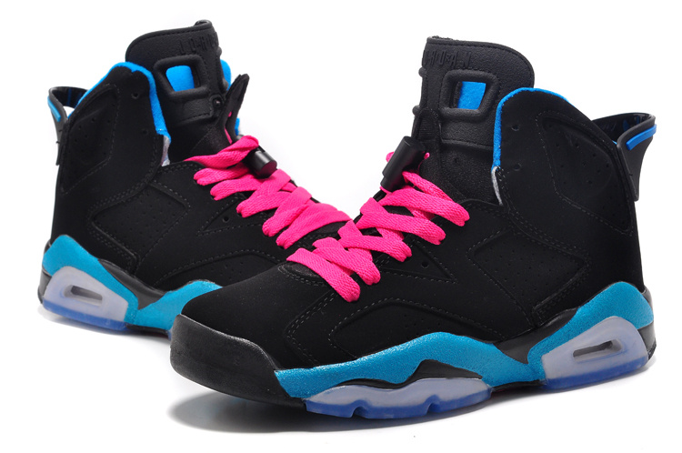 Women Air Jordan 6 Retro GS South Beach Black Dynamic Blue White Vivid Pink - Click Image to Close