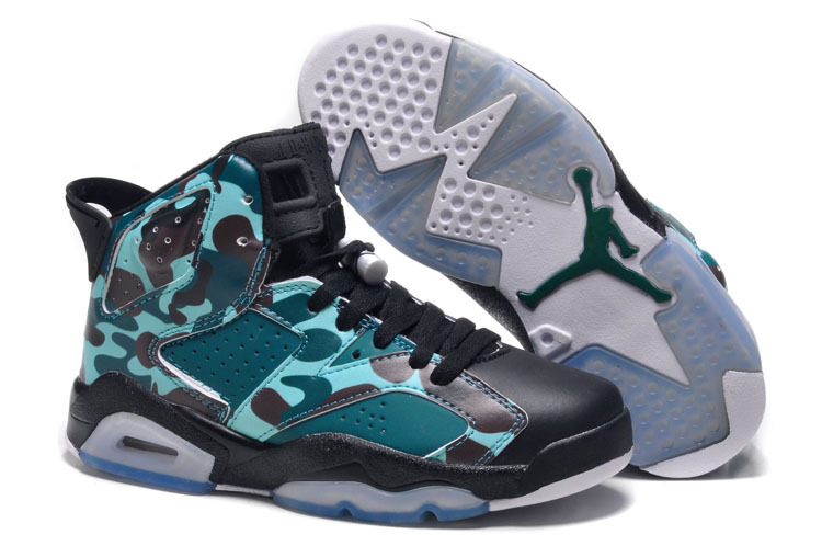 Womens New Air Jordan 6 Girls Retro Camo Black Teal - Click Image to Close