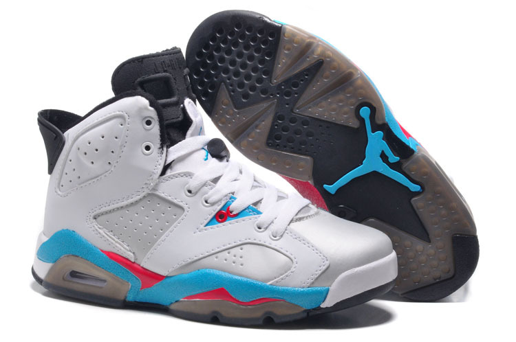 Womens New Air Jordan 6 Girls Retro White Blue Red - Click Image to Close